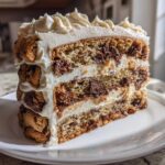 A tall, decadent slice of Chocolate Chip Cookie Cake layered with frosting and chunks of cookie.