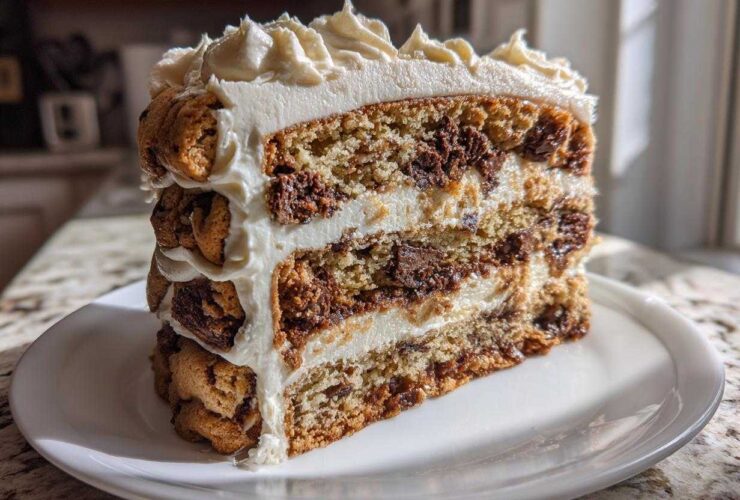 A tall, decadent slice of Chocolate Chip Cookie Cake layered with frosting and chunks of cookie.
