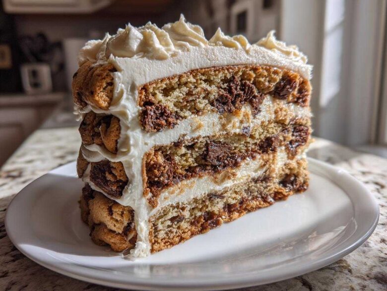 A tall, decadent slice of Chocolate Chip Cookie Cake layered with frosting and chunks of cookie.