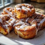 A stack of golden brown Cinnamon Roll French Toast Roll-Ups drizzled with white icing and powdered sugar.