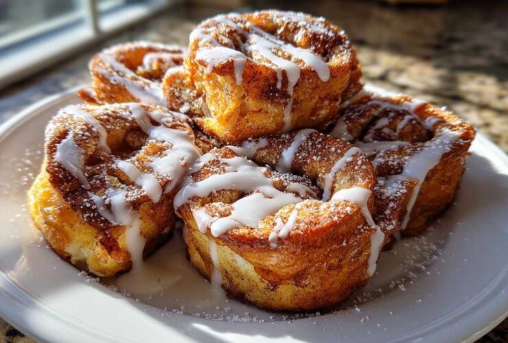 A stack of golden brown Cinnamon Roll French Toast Roll-Ups drizzled with white icing and powdered sugar.
