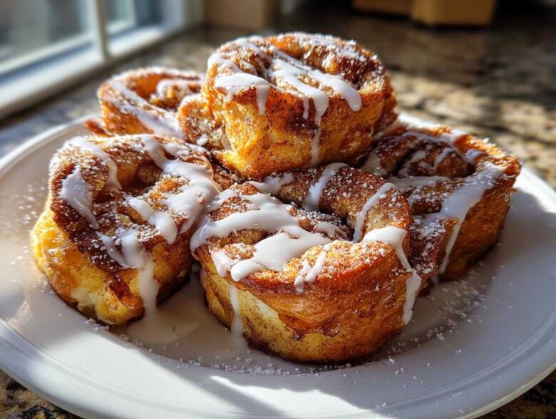 A stack of golden brown Cinnamon Roll French Toast Roll-Ups drizzled with white icing and powdered sugar.