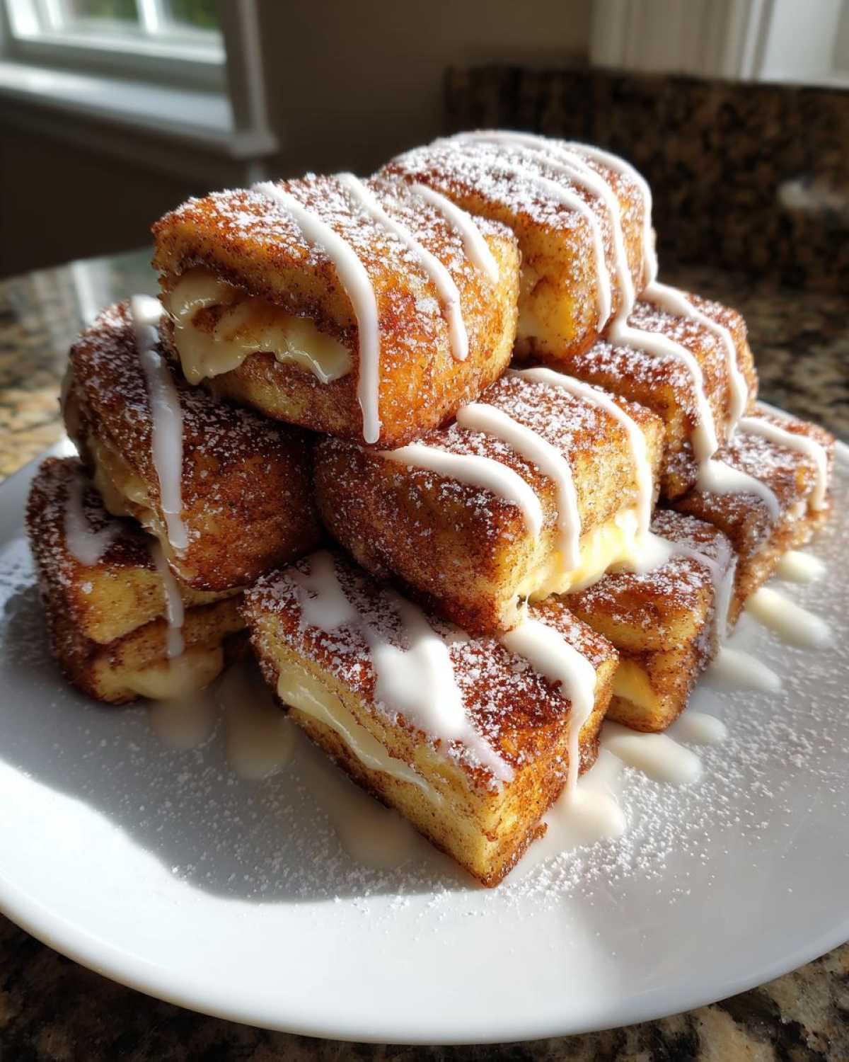A tall stack of golden brown Cinnamon Roll French Toast Roll-Ups drizzled with white icing and powdered sugar.