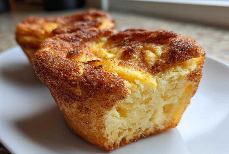 A close-up view of a baked Cinnamon Sugar French Toast Muffin, showing its fluffy interior and heavily crusted cinnamon sugar topping.
