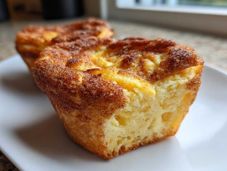 A close-up view of a baked Cinnamon Sugar French Toast Muffin, showing its fluffy interior and heavily crusted cinnamon sugar topping.