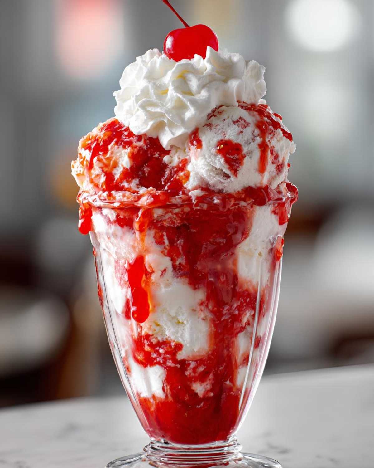 Close-up of a delicious Strawberry Sundae featuring vanilla ice cream, rich strawberry topping, whipped cream, and a maraschino cherry.