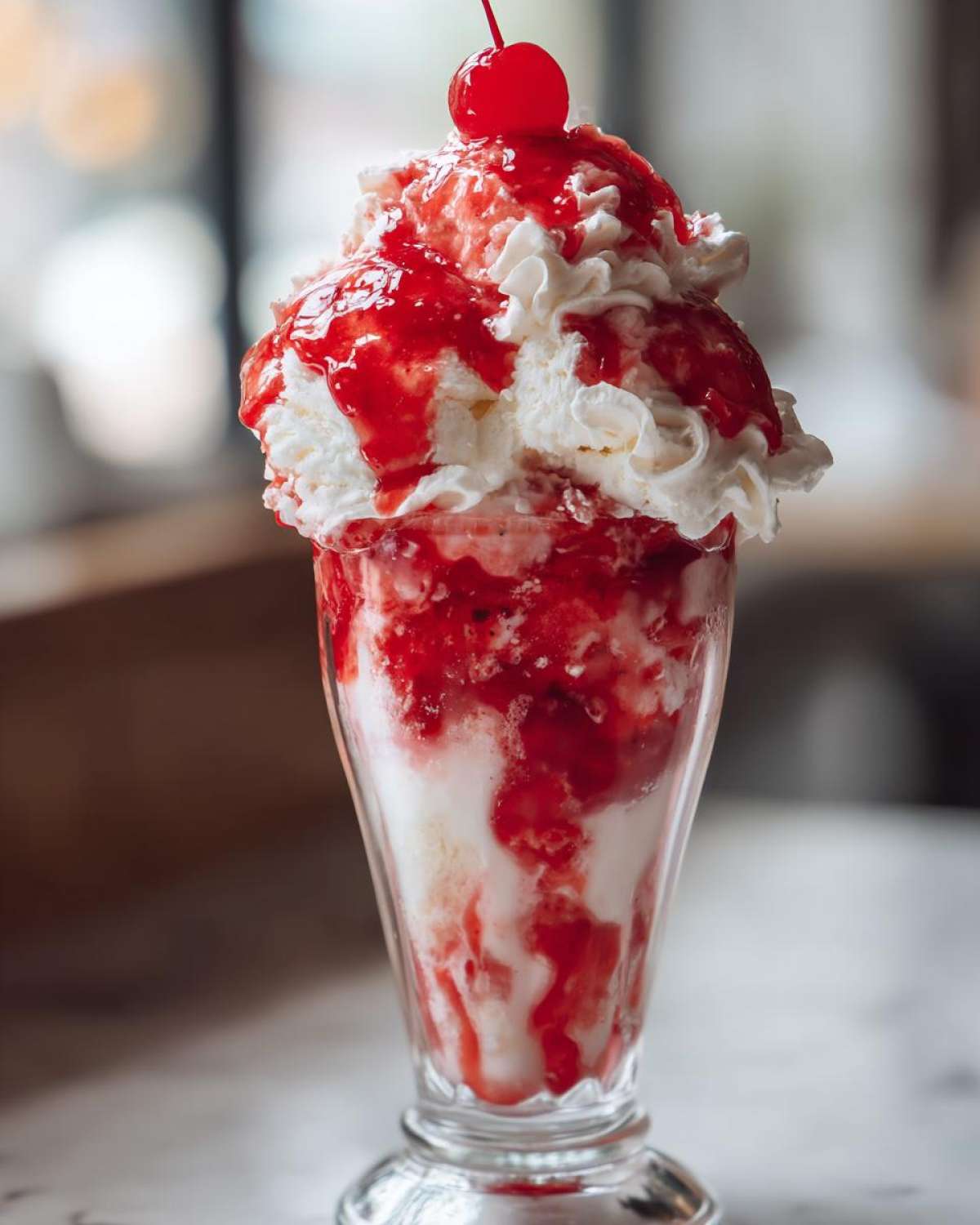 A tall glass filled with a classic Strawberry Sundae featuring vanilla ice cream, strawberry syrup, whipped cream, and topped with a maraschino cherry.