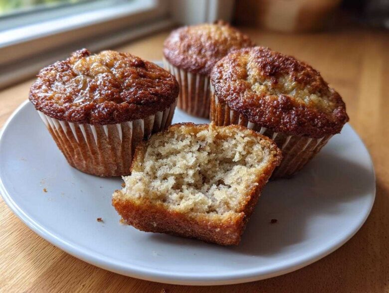 Four golden-brown Cottage Cheese Banana Muffins on a white plate, one cut in half showing the moist interior crumb.