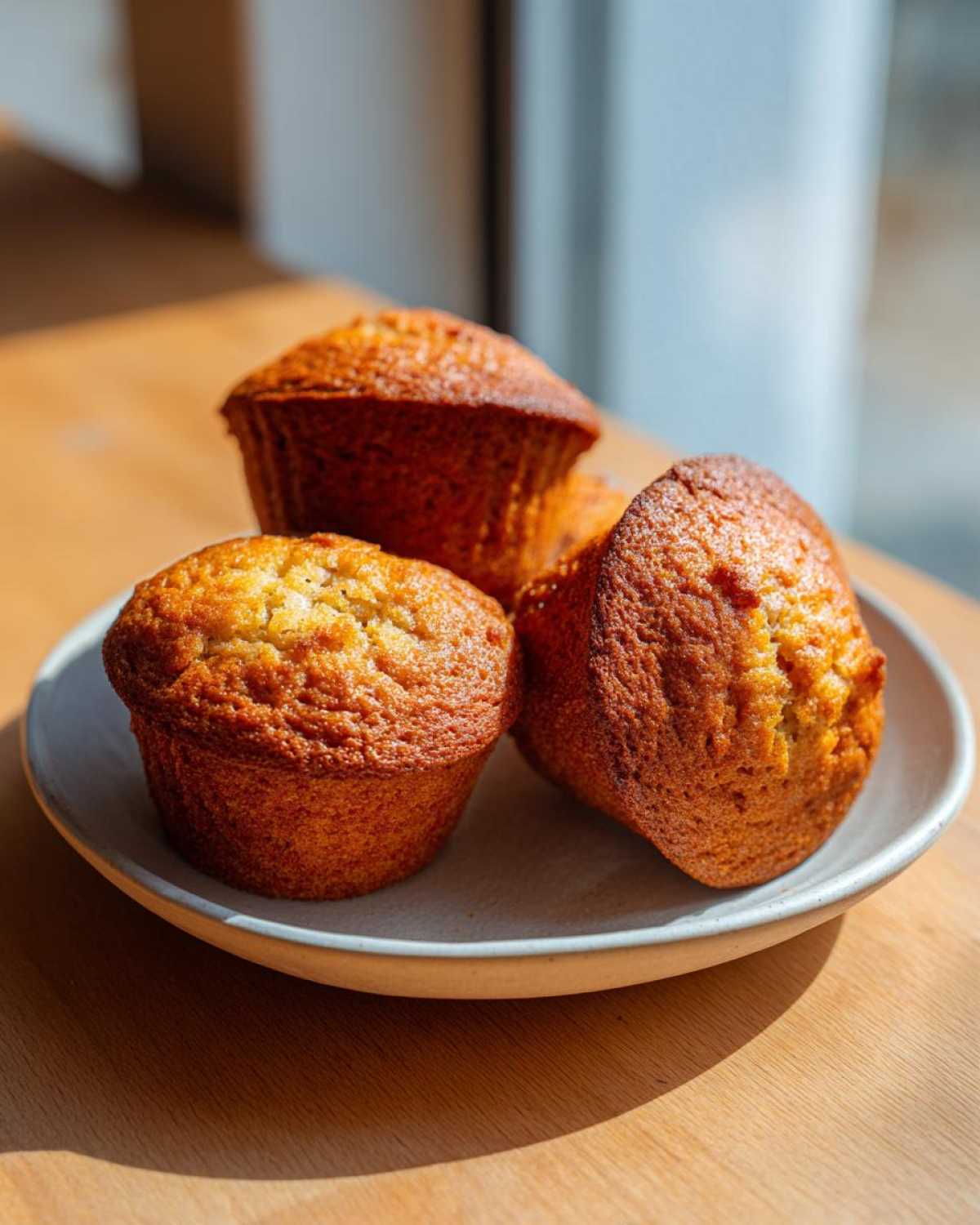 Three golden-brown Cottage Cheese Banana Muffins sitting on a light ceramic plate next to a window.