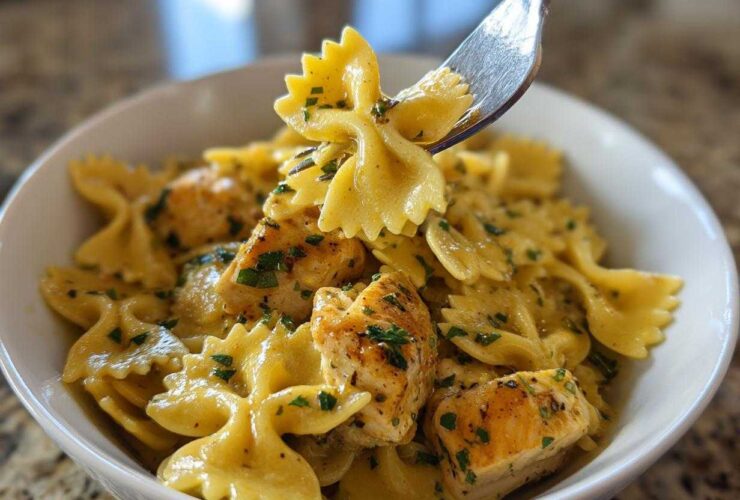 Close-up of Cowboy butter lemon bowtie chicken pasta being lifted by a fork from a white bowl.