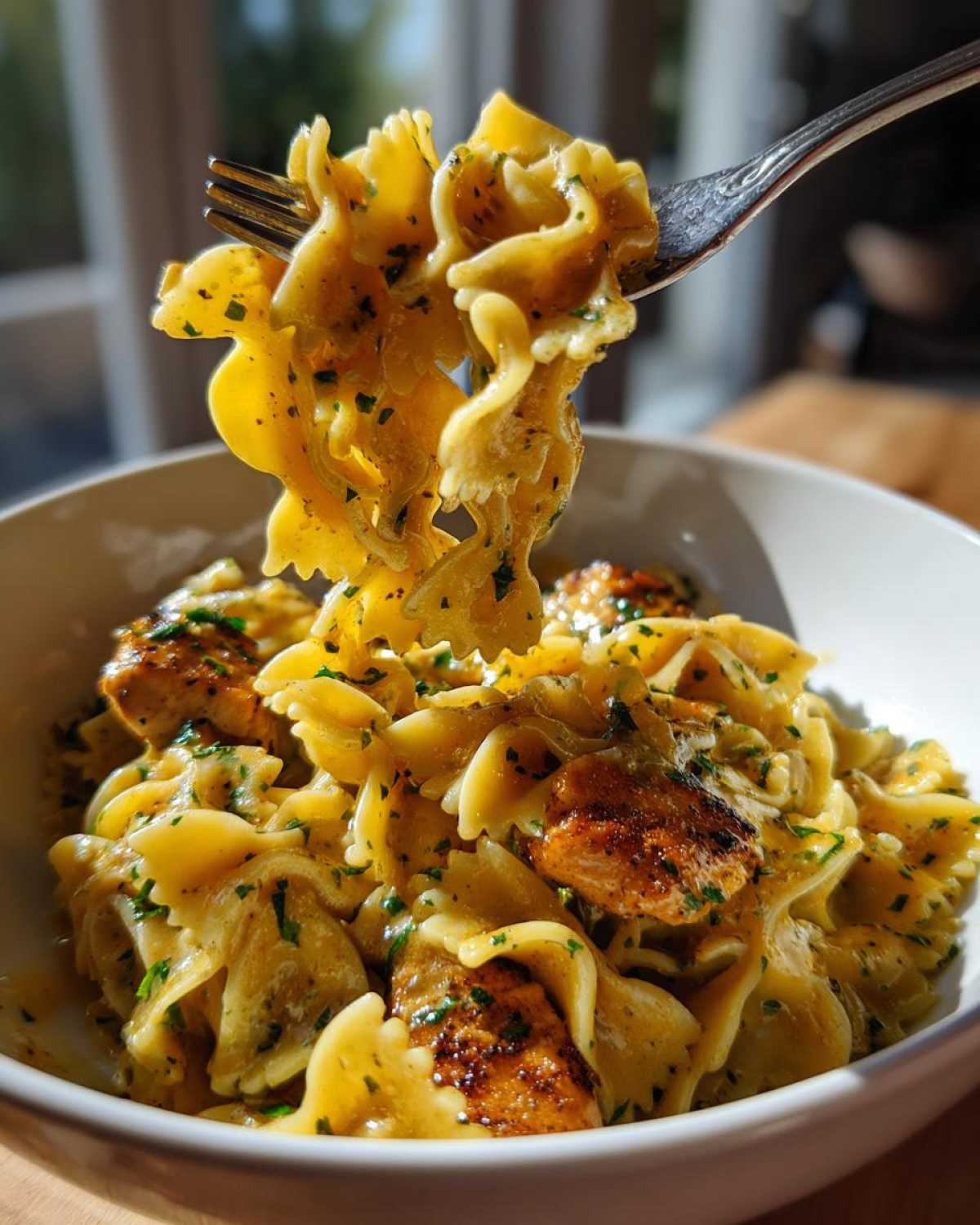 A fork lifting a bite of creamy Cowboy butter lemon bowtie chicken pasta from a white bowl.
