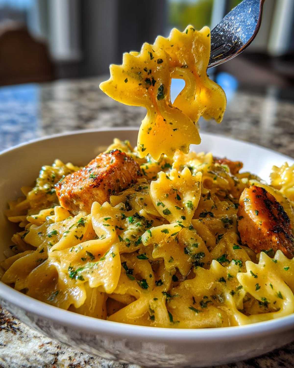 A fork lifts a piece of bowtie pasta coated in creamy Cowboy butter lemon sauce from a bowl of Cowboy butter lemon bowtie chicken.