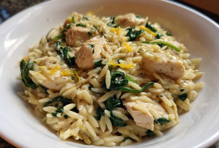 Close-up of creamy chicken orzo with lemon and spinach served in a white bowl.