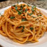 A close-up of creamy Sun-Dried Tomato Pasta tossed with linguine and garnished with fresh basil.