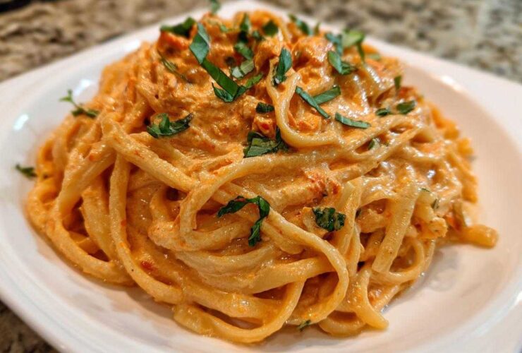 A close-up of creamy Sun-Dried Tomato Pasta tossed with linguine and garnished with fresh basil.