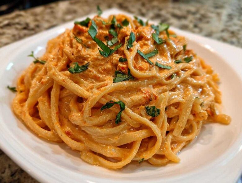 A close-up of creamy Sun-Dried Tomato Pasta tossed with linguine and garnished with fresh basil.