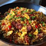 Close-up of flavorful Creole Garlic Fried Rice with sliced sausage, scrambled egg, and green onions in a dark pan.