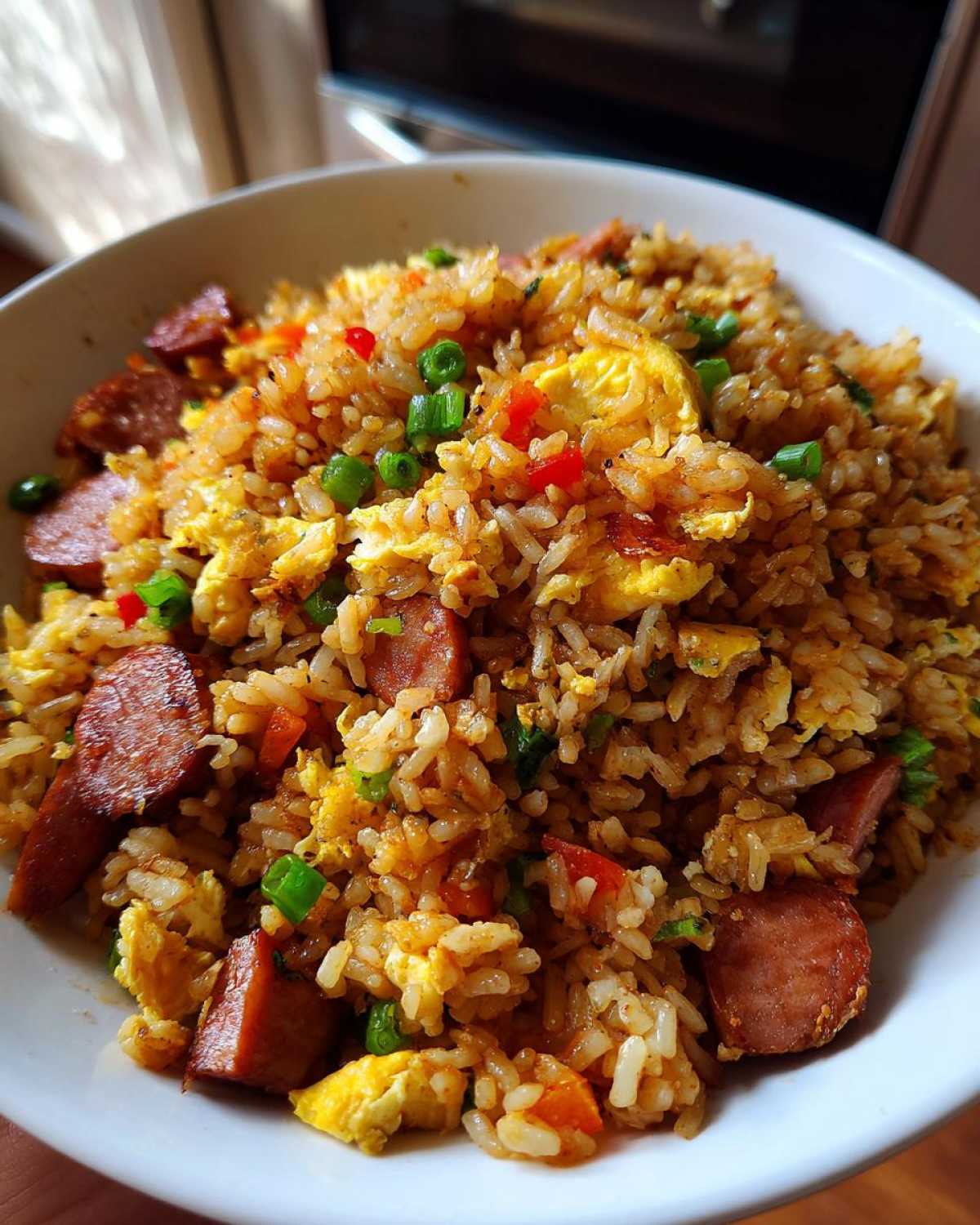 A close-up of a white bowl filled with flavorful Creole Garlic Fried Rice mixed with sliced sausage, scrambled egg, and green onions.