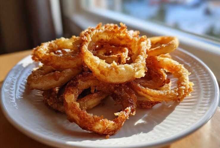 Golden brown, crispy onion rings piled on a white plate, made using the Air Fryer Onion Boil method.
