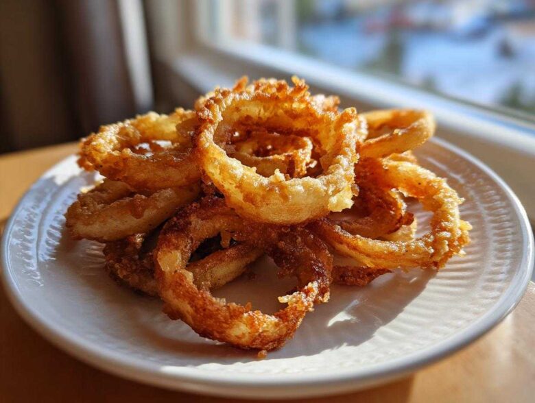 Golden brown, crispy onion rings piled on a white plate, made using the Air Fryer Onion Boil method.