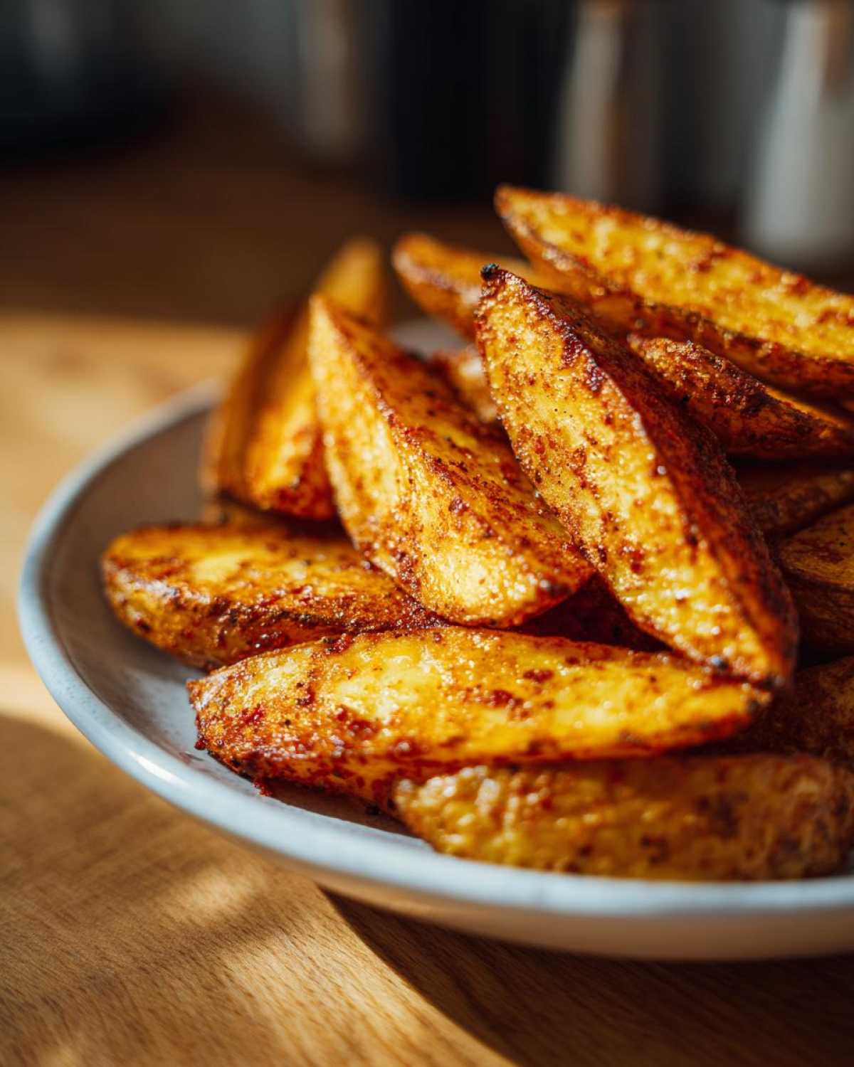 A close-up of golden-brown, seasoned potato wedges, showcasing the crispy texture of the Air Fryer Potatoes.