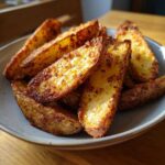 A close-up of perfectly crispy, golden-brown Air Fryer Potatoes wedges seasoned with pepper, served in a light gray bowl.