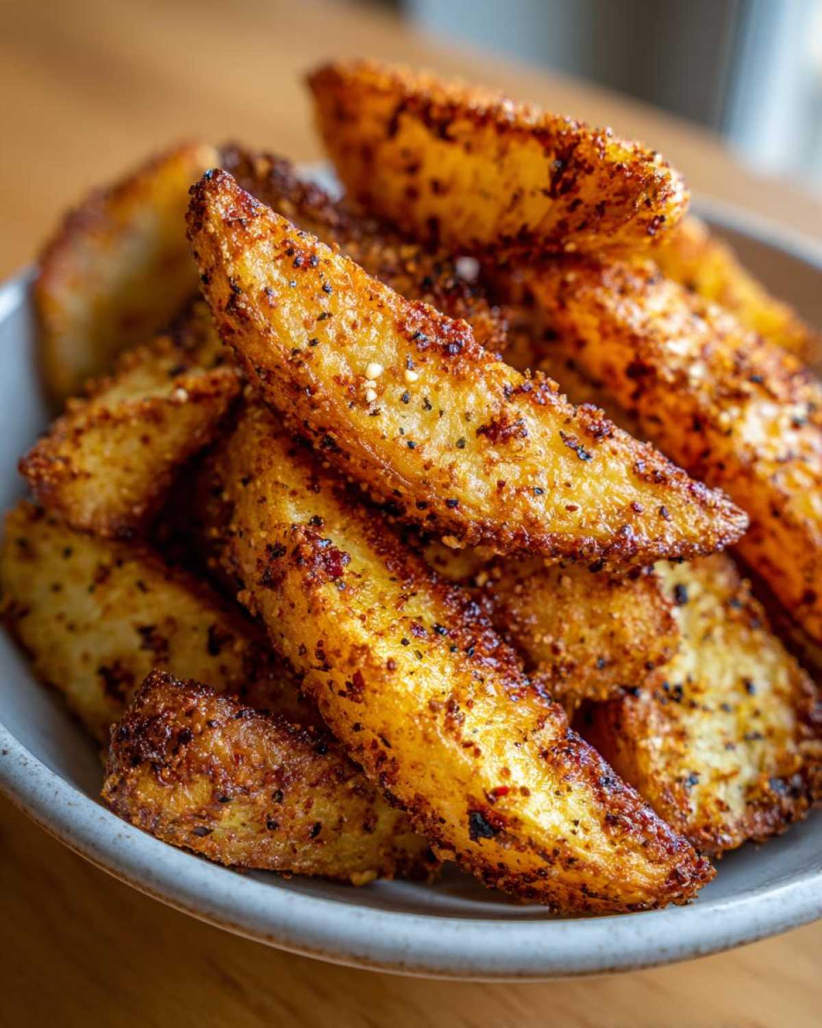 Close-up of crispy, golden-brown seasoned potato wedges made in an air fryer, showcasing the texture of the Air Fryer Potatoes.