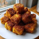 A pile of golden brown, crispy air fryer tofu bites with a textured coating, served on a white plate.