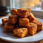 A stack of golden brown, heavily coated Crispy Air Fryer Tofu Bites piled high on a white plate near a window.