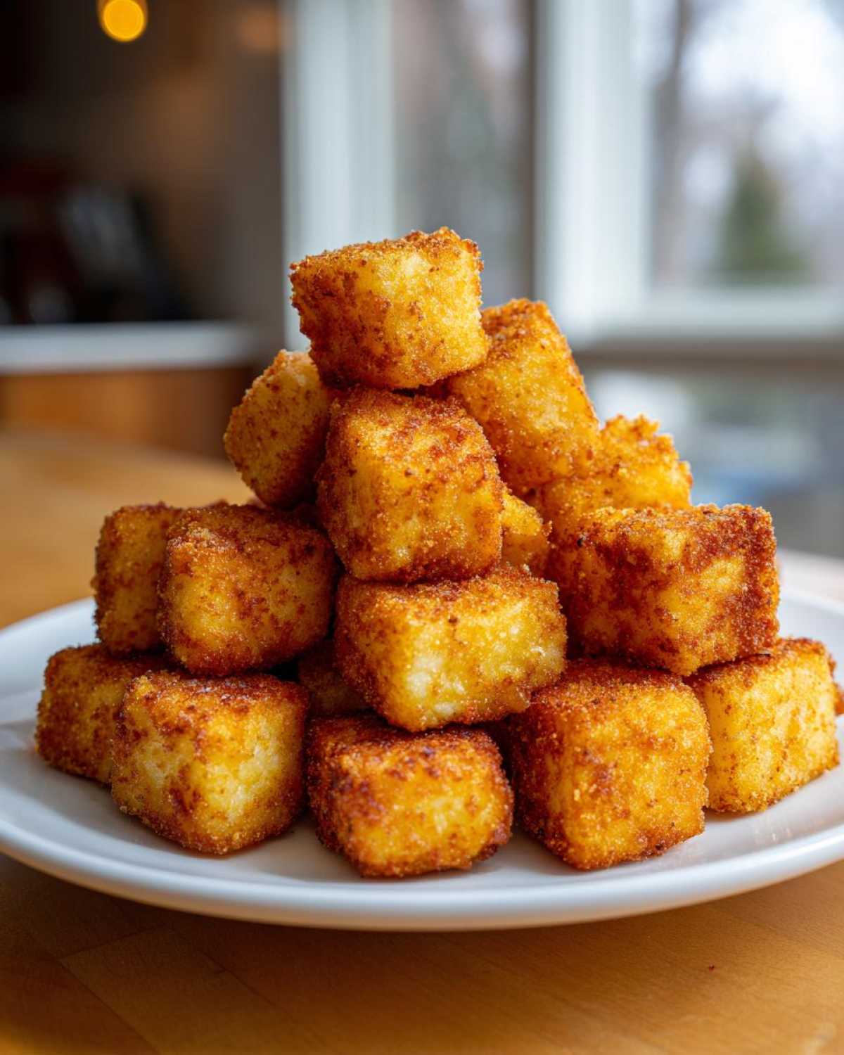 A tall stack of golden brown, crispy air fryer tofu bites piled high on a white plate.