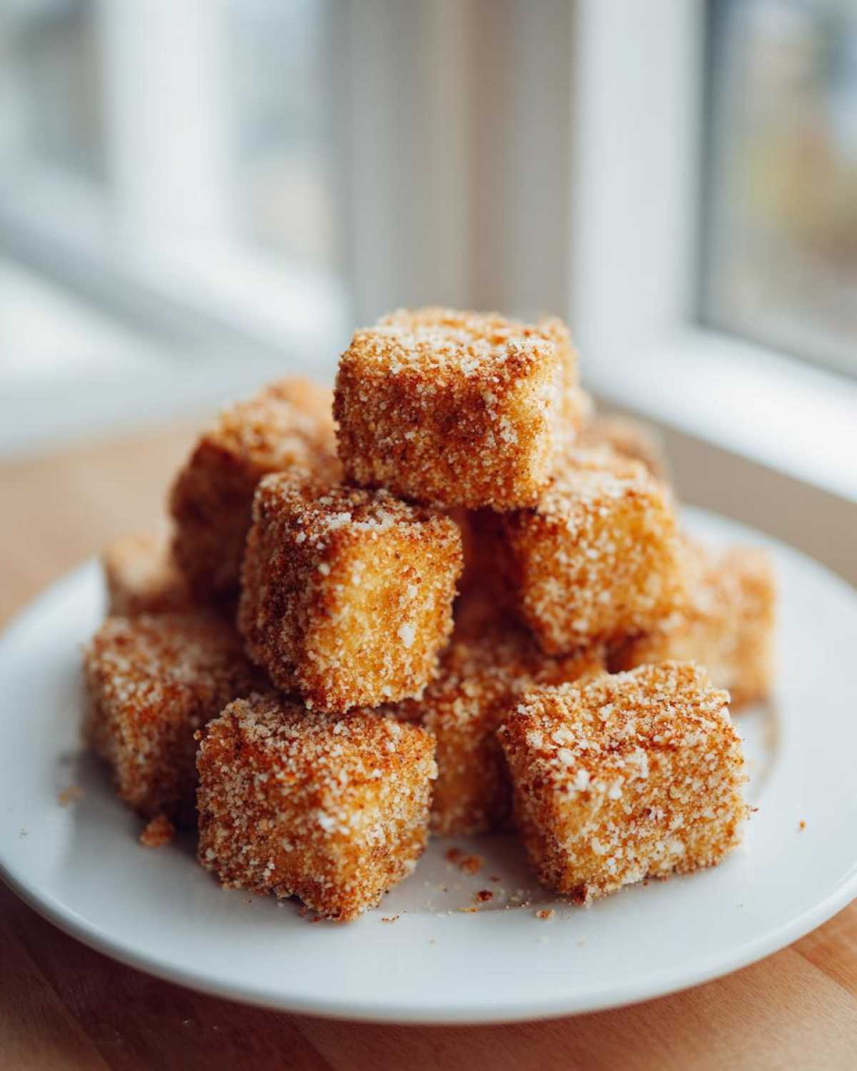 A stack of golden brown, breaded Crispy Air Fryer Tofu Bites piled high on a white plate near a window.