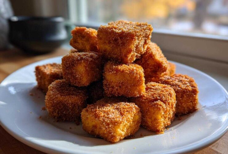A stack of golden brown, heavily coated Crispy Air Fryer Tofu Bites piled high on a white plate near a window.