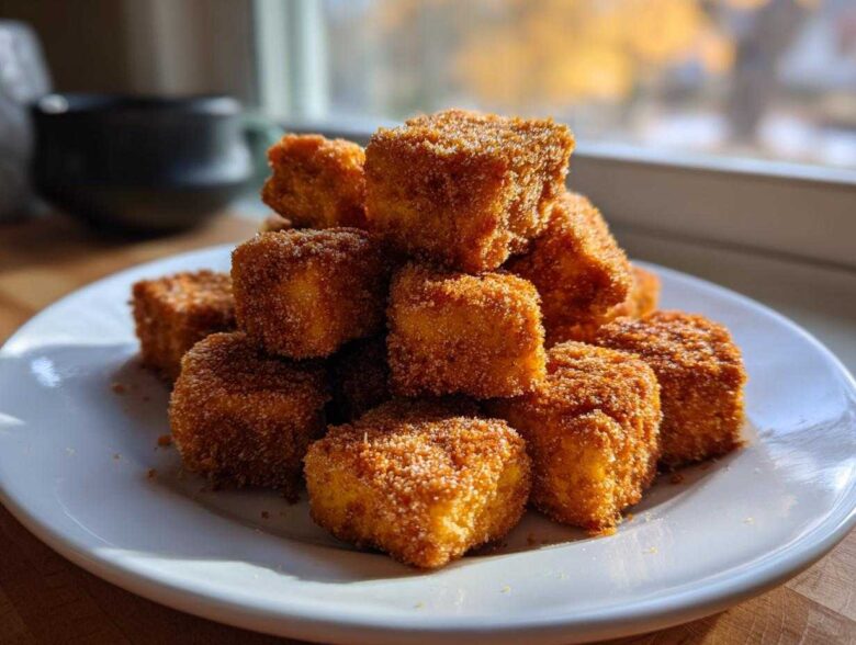A stack of golden brown, heavily coated Crispy Air Fryer Tofu Bites piled high on a white plate near a window.