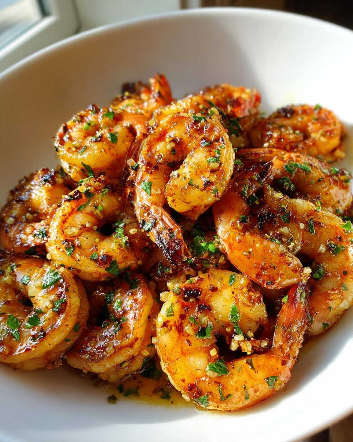 Close-up of perfectly cooked Crispy Garlic Butter Sauteed Shrimp glistening with sauce and topped with fresh parsley.