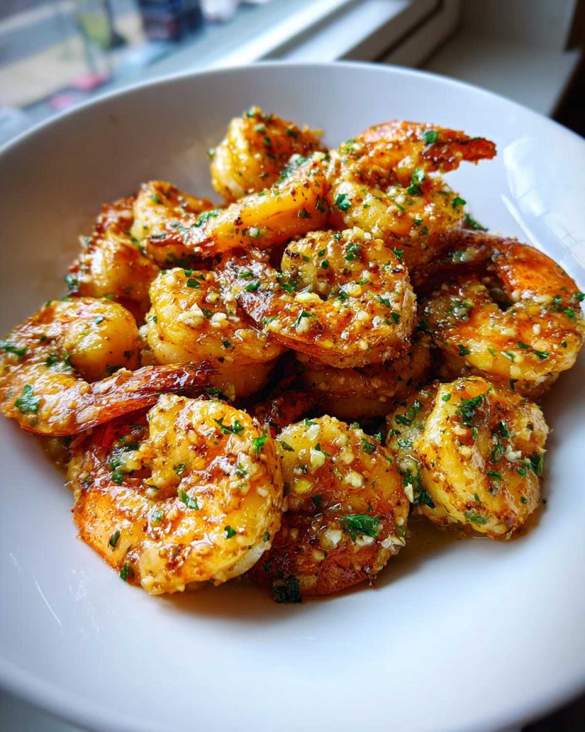 A close-up of a white bowl filled with golden, crispy garlic butter sauteed shrimp topped with minced garlic and parsley.