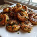 A mound of perfectly seared Crispy Garlic Butter Sauteed Shrimp garnished with fresh parsley on a white platter.
