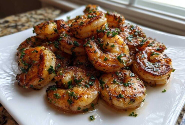 A mound of perfectly seared Crispy Garlic Butter Sauteed Shrimp garnished with fresh parsley on a white platter.