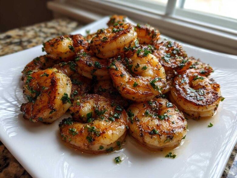 A mound of perfectly seared Crispy Garlic Butter Sauteed Shrimp garnished with fresh parsley on a white platter.