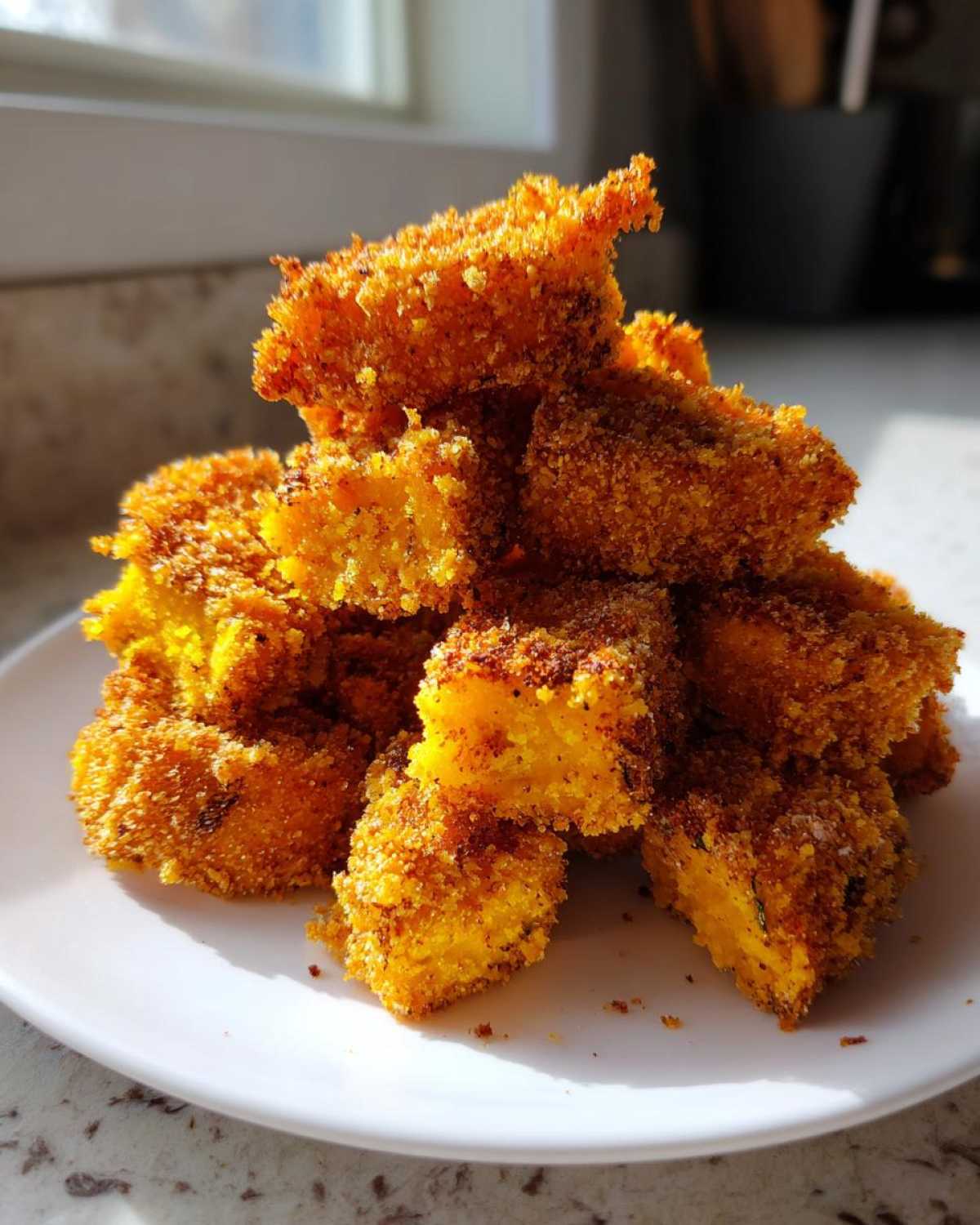 A pile of golden brown, crispy oven fried squash pieces served on a white plate, ready for snacking.