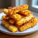 A pile of golden brown, breaded Crispy Oven Fried Squash Perfect Snack sticks stacked on a light gray plate.