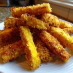 A pile of golden brown, breaded Crispy Oven Fried Squash Perfect Snack sticks stacked on a white plate.