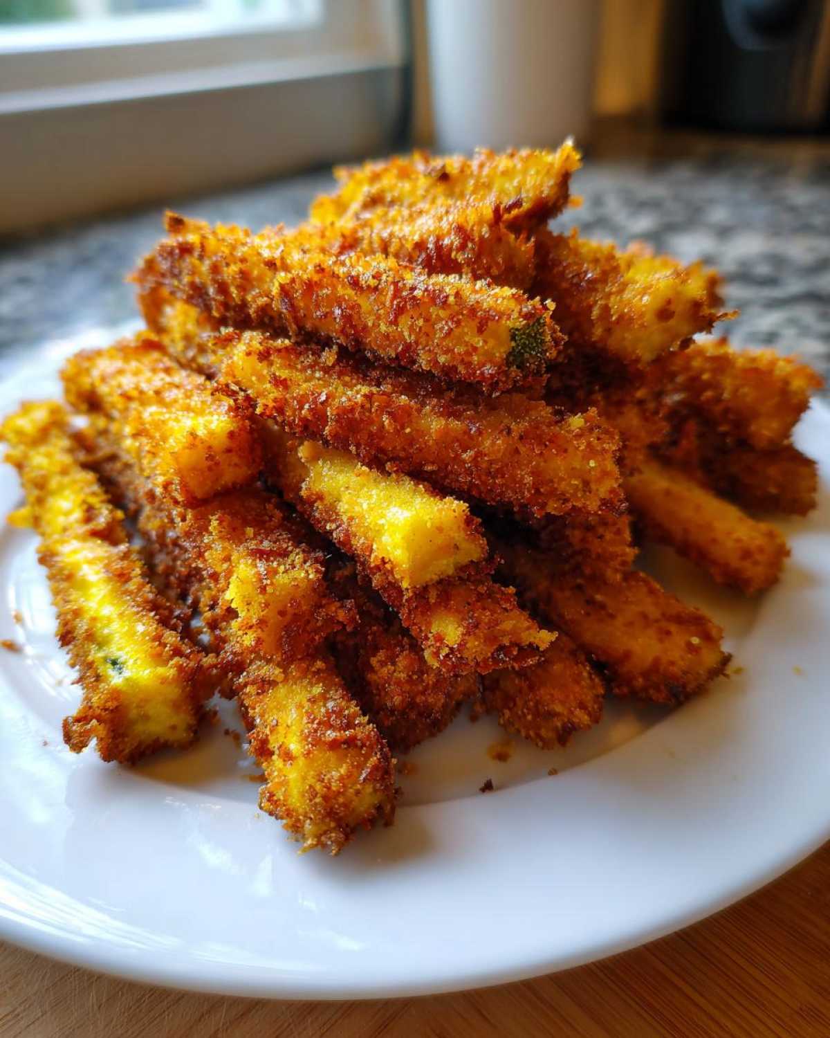 A pile of golden brown, breaded Crispy Oven Fried Squash Perfect Snack sticks stacked on a white plate.
