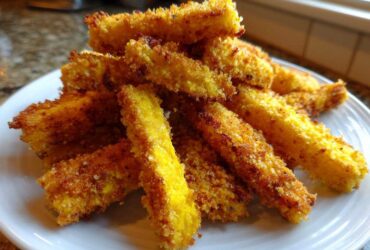 A pile of golden brown, breaded Crispy Oven Fried Squash Perfect Snack sticks stacked on a white plate.