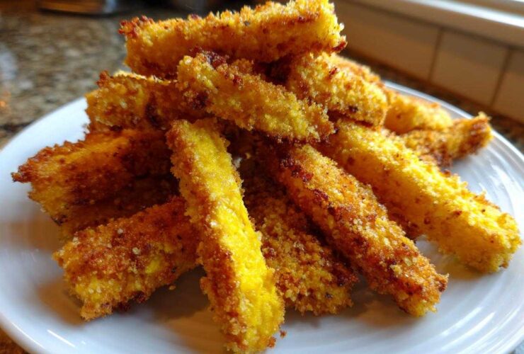 A pile of golden brown, breaded Crispy Oven Fried Squash Perfect Snack sticks stacked on a white plate.