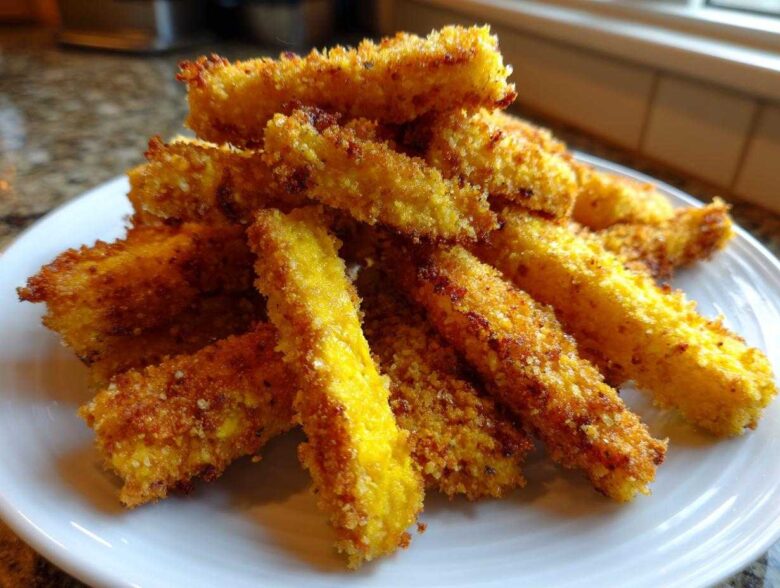 A pile of golden brown, breaded Crispy Oven Fried Squash Perfect Snack sticks stacked on a white plate.
