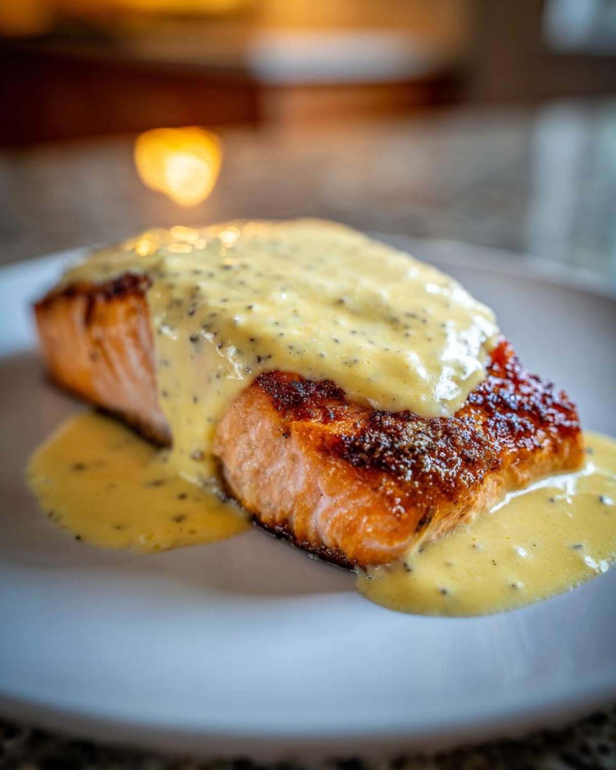 A perfectly cooked piece of Crispy Pan Seared Salmon topped generously with creamy lemon dill sauce.