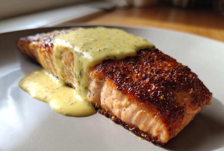Perfectly cooked Crispy Pan Seared Salmon topped with creamy lemon dill sauce on a light plate.