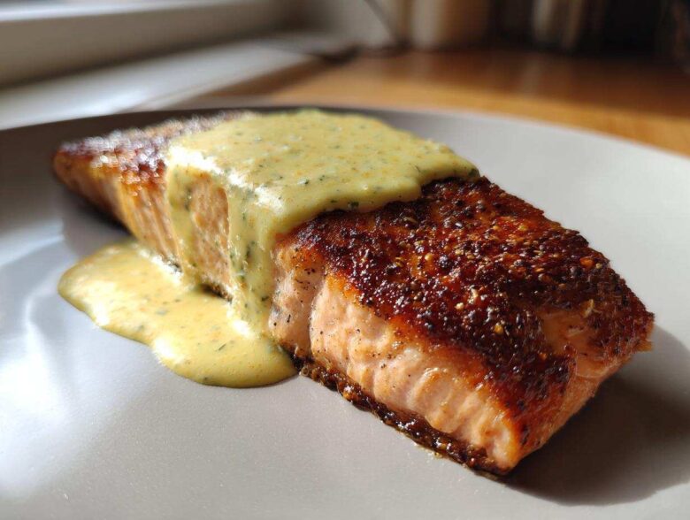 Perfectly cooked Crispy Pan Seared Salmon topped with creamy lemon dill sauce on a light plate.