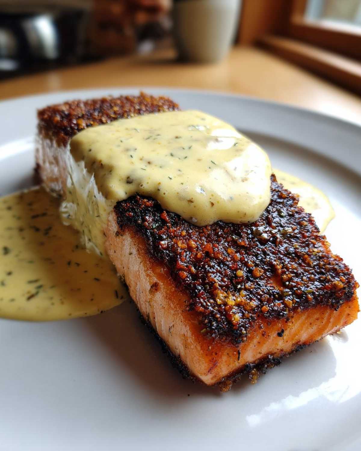 Close-up of Crispy Pan Seared Salmon topped generously with creamy lemon dill sauce on a white plate.