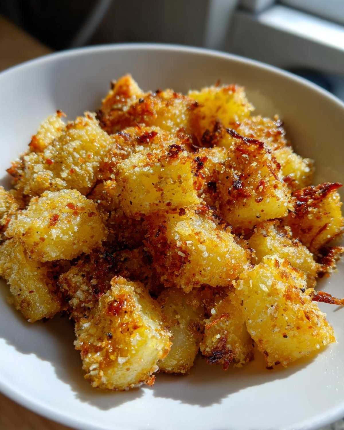 Close-up of golden, crispy Crunchy Parmesan Potatoes piled high in a white serving bowl.